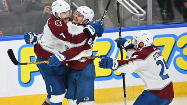 Jun 6, 2022; Edmonton, Alberta, CAN; Colorado Avalanche forward Artturi Lehkonen (62) celebrates his goal against the Edmonton Oilers with forward Logan O’Connor (25) and defenseman Devon Toews (7) during overtime in game four of the Western Conference Final of the 2022 Stanley Cup Playoffs at Rogers Place. Mandatory Credit: Walter Tychnowicz-USA TODAY Sports