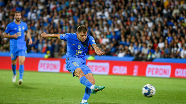 Italy midfielder Nicolo Barella pictured scoring in his side's 2-1 win over Hungary in June 2022