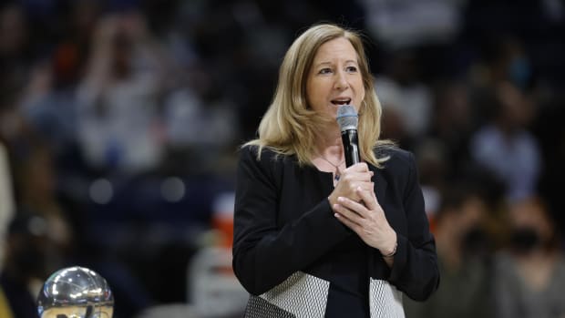May 24, 2022; Chicago, Illinois, USA; WNBA commissioner Cathy Engelbert addresses fans during a championship ring ceremony for the Chicago Sky before a WNBA basketball game against the Indiana Fever at Wintrust Arena.
