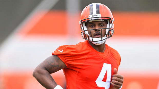 Cleveland Browns quarterback Deshaun Watson runs on the field during an NFL football practice at the team’s training facility Wednesday, June 8, 2022, in Berea, Ohio.