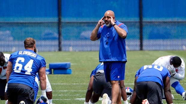 New York Giants offensive line coach Bobby Johnson on the field for mandatory minicamp at the Quest Diagnostics Training Center on Tuesday, June 7, 2022, in East Rutherford.