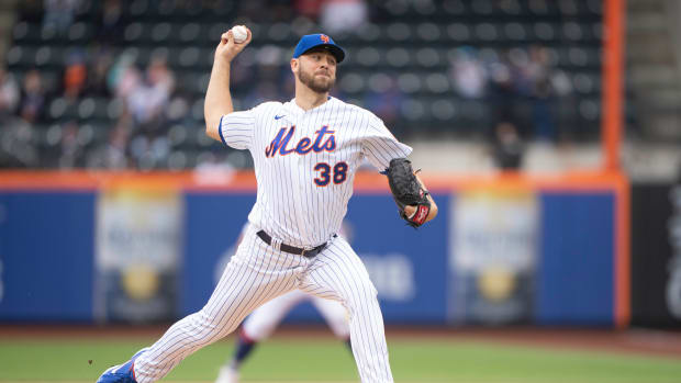 May 4, 2022; New York City, New York, USA; New York Mets pitcher Tylor Megill (38) delivers a pitch against the Atlanta Braves during the first inning at Citi Field.