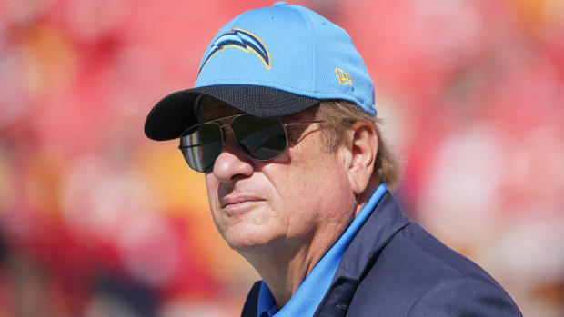 Sep 26, 2021; Kansas City, Missouri, USA; Los Angeles Chargers owner and president Dean Spanos watches play against the Kansas City Chiefs during the first half at GEHA Field at Arrowhead Stadium. Mandatory Credit: Denny Medley-USA TODAY Sports