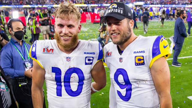 Cooper Kupp and Matthew Stafford get interviewed together after winning the Super Bowl.