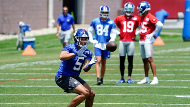 New York Giants wide receiver Keelan Doss (5) catches the ball during mandatory minicamp at the Quest Diagnostics Training Center on Tuesday, June 7, 2022, in East Rutherford.