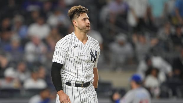 New York Yankees OF Joey Gallo reacts after strikeout