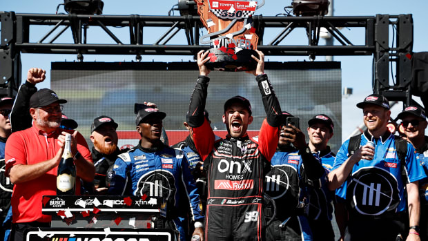 Daniel Suarez celebrates in victory lane after winning the Sunday's Toyota/Save Mart 350 at Sonoma Raceway. (Photo by Chris Graythen/Getty Images)