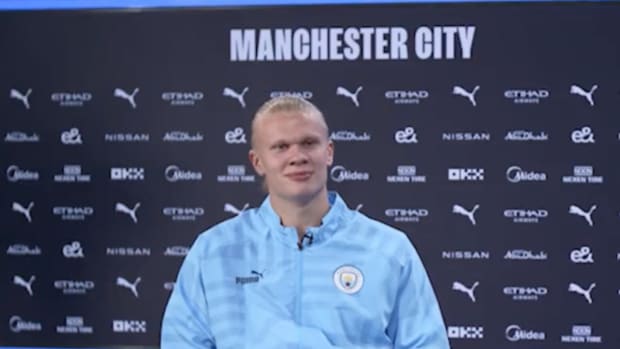 Erling Haaland pictured giving his first official interview as a Manchester City player
