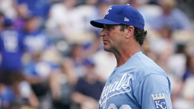 Jun 12, 2022; Kansas City, Missouri, USA; Kansas City Royals manager Mike Matheny (22) returns to the dugout against the Baltimore Orioles after a pitcher change in the fourth inning at Kauffman Stadium. Mandatory Credit: Denny Medley-USA TODAY Sports