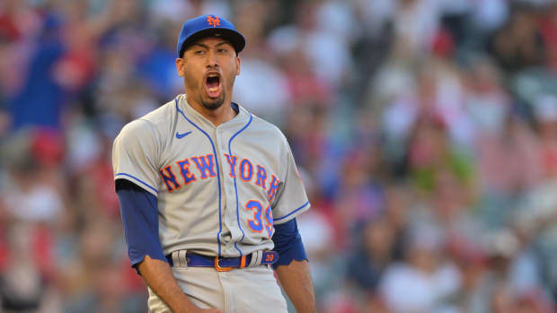 Jun 12, 2022; Anaheim, California, USA; New York Mets relief pitcher Edwin Diaz (39) reacts after pitching a scoreless ninth inning to earn a save and defeat the Los Angeles Angels at Angel Stadium.