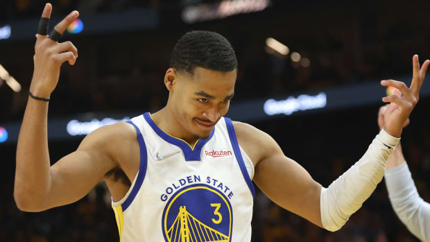 Golden State Warriors guard Jordan Poole (3) celebrates after scoring against the Boston Celtics during the second half of Game 5 of basketball's NBA Finals in San Francisco, Monday, June 13, 2022.