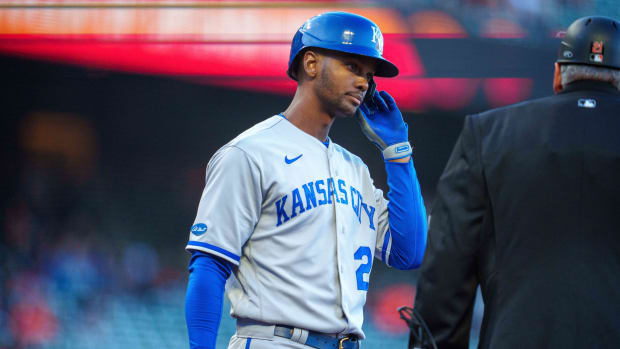 Jun 13, 2022; San Francisco, California, USA; Kansas City Royals center fielder Michael A. Taylor (2) reacts after strike out during the second inning against the San Francisco Giants at Oracle Park. Mandatory Credit: Neville E. Guard-USA TODAY Sports