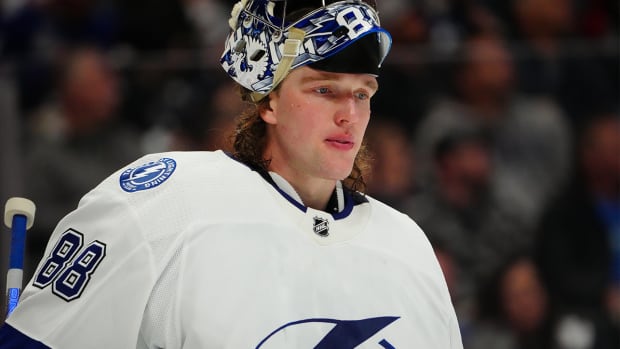 Feb 10, 2022; Denver, Colorado, USA; Tampa Bay Lightning goaltender Andrei Vasilevskiy (88) looks on during the second period against the Colorado Avalanche at Ball Arena.