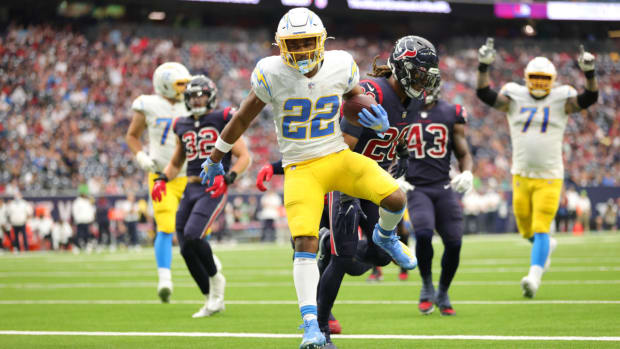 DECEMBER 26: Justin Jackson #22 of the Los Angeles Chargers in action against the Houston Texans at NRG Stadium on December 26, 2021 in Houston, Texas. (Photo by Carmen Mandato/Getty Images)
