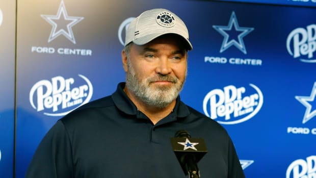 Dallas Cowboys head coach Mike McCarthy talks to the media.