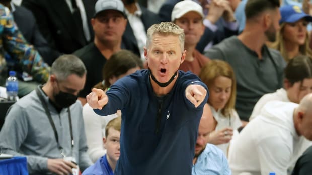May 24, 2022; Dallas, Texas, USA; Golden State Warriors head coach Steve Kerr reacts after a play against the Dallas Mavericks during the second quarter in game four of the 2022 Western Conference finals at American Airlines Center. Mandatory Credit: Kevin Jairaj-USA TODAY Sports