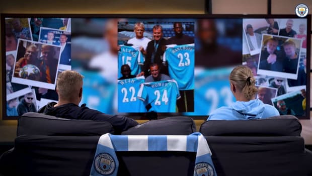 Erling and Alfie Haaland react to old videos of father playing for Man City