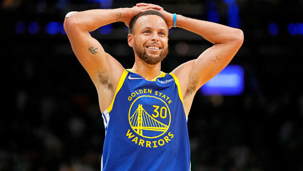 Golden State Warriors guard Stephen Curry (30) reacts during the fourth quarter against the Boston Celtics in game six of the 2022 NBA Finals.