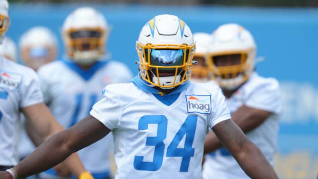 Jun 14, 2022; Costa Mesa, California, USA; Los Angeles Chargers running back Larry Rountree III (34) during minicamp at the Hoag Performance Center. Mandatory Credit: Kirby Lee-USA TODAY Sports