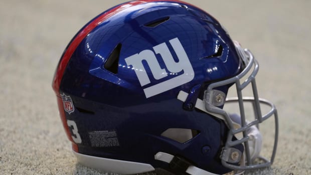 Dec 12, 2021; Inglewood, California, USA; A detailed view of a New York Giants helmet at SoFi Stadium. Mandatory Credit: Kirby Lee-USA TODAY Sports