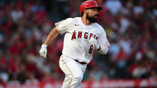 Anthony Rendon runs out a hit for the Los Angeles Angels.