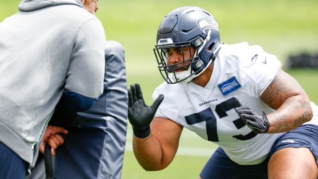 Seattle Seahawks defensive tackle Matt Gotel (73) participates in a drill during minicamp practice at the Virginia Mason Athletic Center Field.