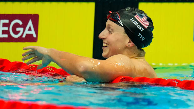 American swimmer Katie Ledecky smiles after winning the women’s 400m freestyle final at the 19th FINA World Championships in Budapest, Hungary.