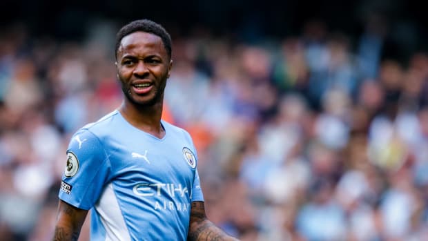 Raheem Sterling pictured in action for Manchester City against Watford in April 2022