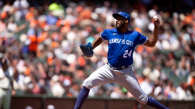 Jun 15, 2022; San Francisco, California, USA; Kansas City Royals pitcher Amir Garrett (24) delivers a pitch against the San Francisco Giants in the fifth inning at Oracle Park. Mandatory Credit: D. Ross Cameron-USA TODAY Sports