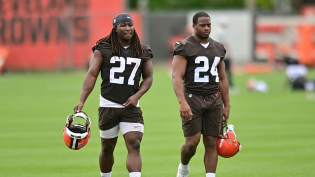 May 25, 2022; Berea, OH, USA; Cleveland Browns running back Kareem Hunt (27) and running back Nick Chubb (24) walk off the field during organized team activities at CrossCountry Mortgage Campus. Mandatory Credit: Ken Blaze-USA TODAY Sports