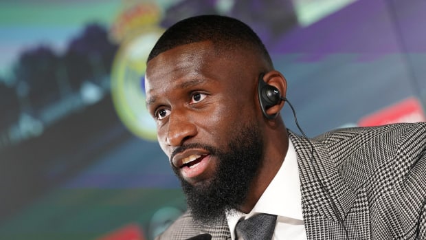 Antonio Rudiger pictured during his first media conference as a Real Madrid player