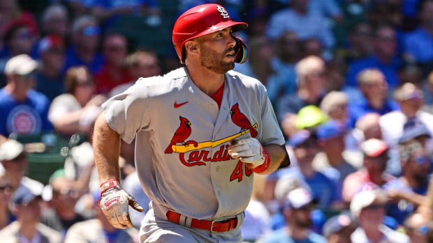 St. Louis Cardinals first baseman Paul Goldschmidt (46) watches his three run home run ball in the third inning against the Chicago Cubs at Wrigley Field.