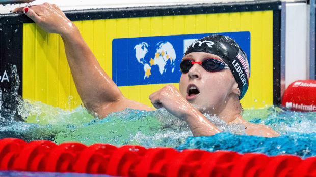 American swimmer Katie Ledecky celebrates after winning the 1500-meter freestyle at the 2022 World Championships.