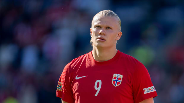 Erling Haaland pictured playing for Norway in 2022