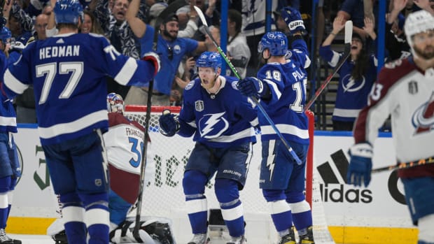 Tampa Bay Lightning right wing Corey Perry (10) celebrates a goal during the second period of Game 3 of the NHL hockey Stanley Cup Final against the Colorado Avalanche on Monday, June 20, 2022, in Tampa, Fla. (AP Photo/Phelan M. Ebenhack)