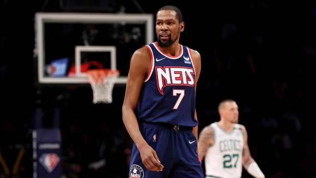 Nets forward Kevin Durant (7) reacts during the fourth quarter of Game 4 against the Celtics.