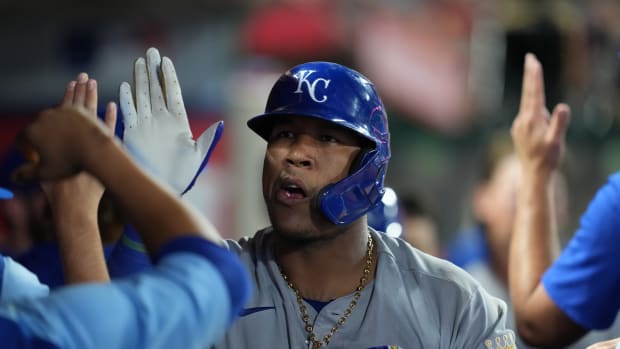 Jun 20, 2022; Anaheim, California, USA; Kansas City Royals catcher Salvador Perez (13) celebrates after hitting a two-run home run in the eighth inning against the Los Angeles Angels at Angel Stadium. Mandatory Credit: Kirby Lee-USA TODAY Sports