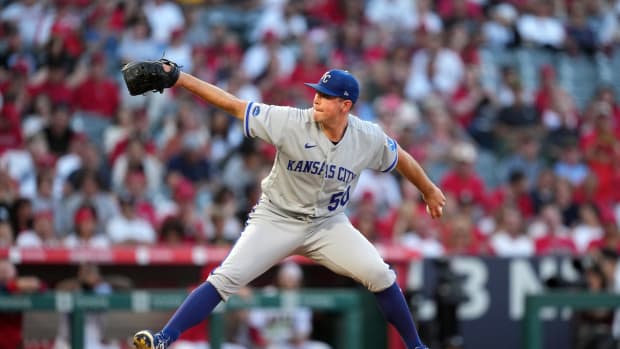 Jun 20, 2022; Anaheim, California, USA; Kansas City Royals starting pitcher Kris Bubic (50) delivers a pitch in the third inning against the Los Angeles Angels at Angel Stadium. Mandatory Credit: Kirby Lee-USA TODAY Sports