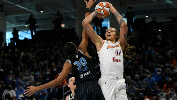 Mercury center Brittney Griner (42) shoots against the Sky’s Azura Stevens (30) during the first half of Game 4 of the WNBA Finals.