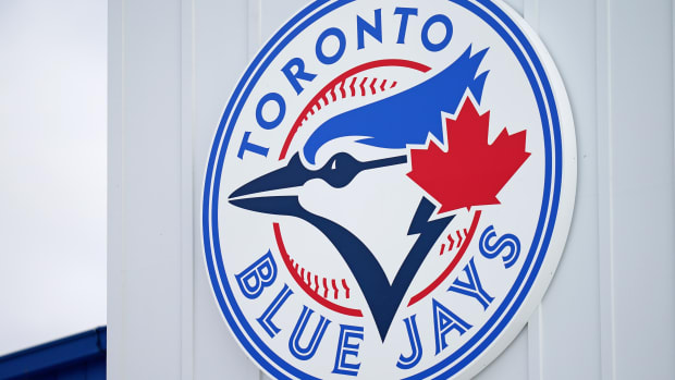 A close-up view of the Blue Jays logo.