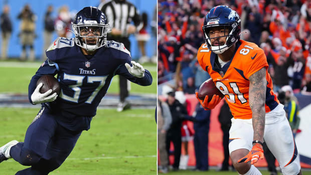 Separate photos of the Titans’ Amani Hooker and the Broncos’ Tim Patrick.