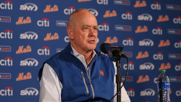 Sep 29, 2021; New York City, New York, USA; New York Mets team president Sandy Alderson speaks to the media before a game against the Miami Marlins at Citi Field.