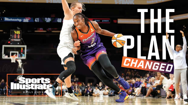 Tina Charles driving to the hoop with the text overlay The Plan Changed