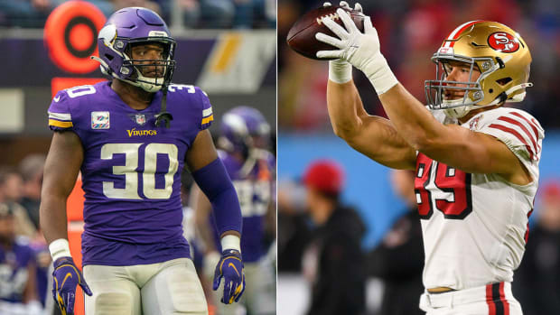 Photos of Vikings fullback C.J. Ham and 49ers tight end Charlie Woerner.