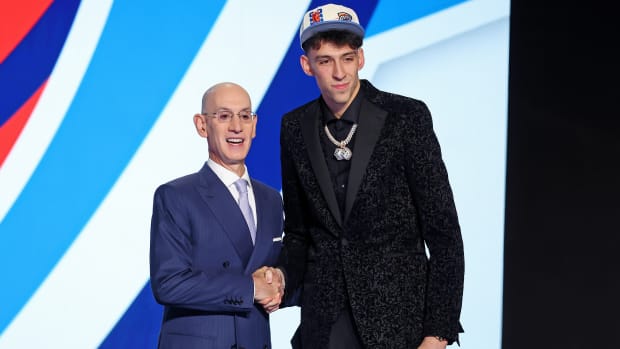 Chet Holmgren (Gonzaga) shakes hands with NBA commissioner Adam Silver after being selected as the number two overall pick by the Oklahoma City Thunder in the first round of the 2022 NBA Draft at Barclays Center.
