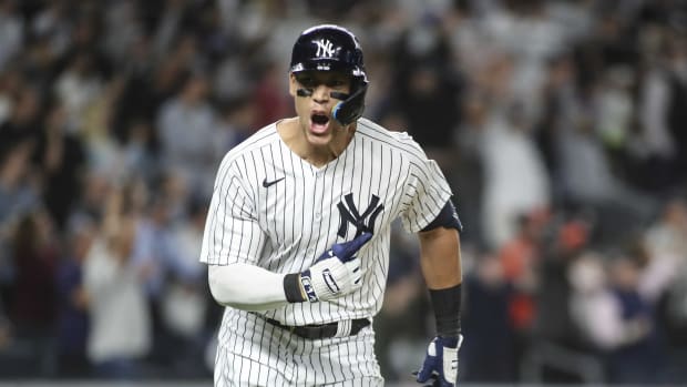 New York Yankees CF Aaron Judge celebrates walk-off hit against Houston Astros