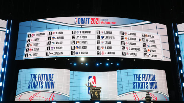 First round board at the 2021 NBA draft in Brooklyn.