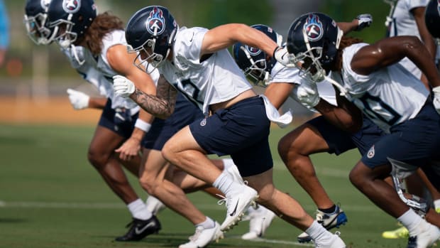 Tennessee Titans wide receiver Mason Kinsey (12) runs with his teammates during practice at Saint Thomas Sports Park Wednesday, June 1, 2022, in Nashville, Tenn.
