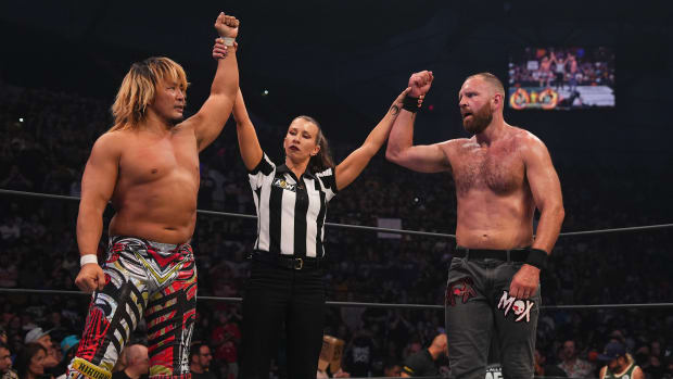 Hiroshi Tanahashi and Jon Moxley in the ring after a match on AEW Dynamite