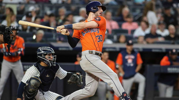 Jun 23, 2022; Bronx, New York, USA; Houston Astros right fielder Kyle Tucker (30) hits a double in the third inning against the New York Yankees at Yankee Stadium.